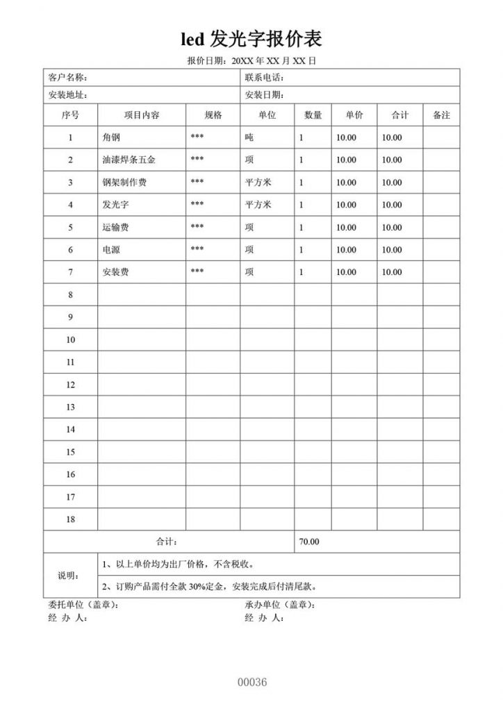 招牌广告发光字报价表样本